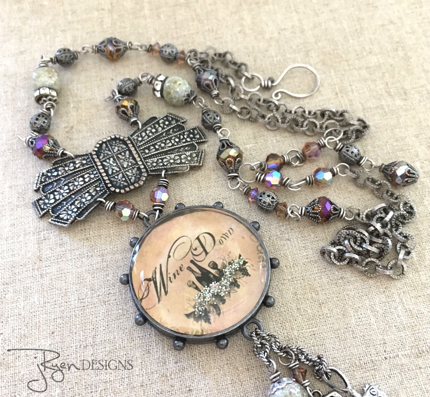 Handmade Necklace Mixed Media Necklace Wine Lover by jryendesigns