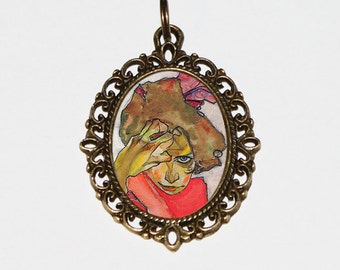 Egon Schiele Necklace, Red Dress Woman, Female Portrait, Expressionism, Victorian Jewelry, Oval Pendant