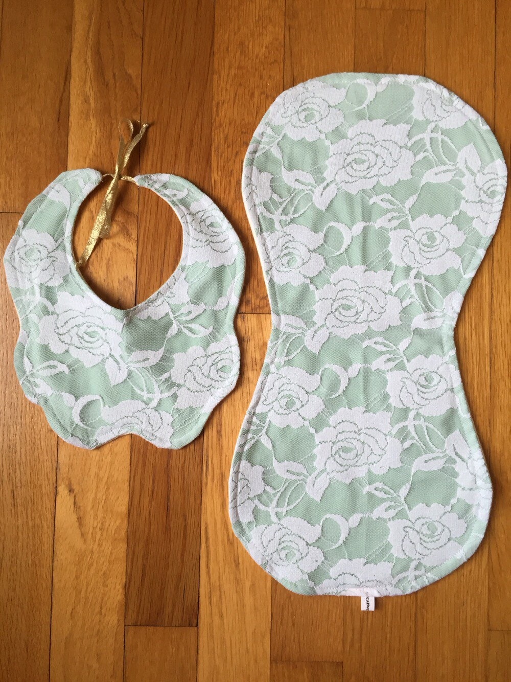 Mint green and lace burp cloth and bib set