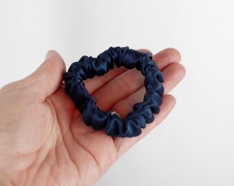 Silk Skinny Scrunchie, Navy Charmeuse, Thin Hair Tie, Hair Band, Small, Regular, and Large Sizes