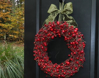 Red Berry Valentine Wreath - Holiday Wreath - Cranberry Wreath -Valentine Wreath - Choose Ribbon