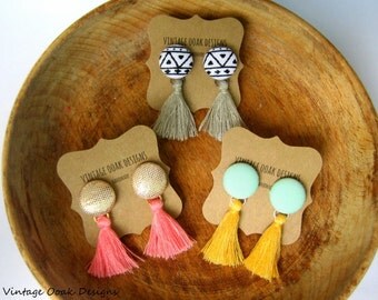 Tassel Button Earrings, Button Studs, Button Jewelry,Fabric Button Earrings,Tassel Earrings, Tassel Studs,Fabric Jewelry, Textile Earrings