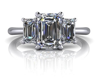 Three Stone Emerald Cut Engagement Ring SUPERNOVA Moissanite 1.54 CTW