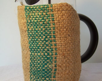 French press cozy, Coffee Sack Burlap, Bodum cozy sleeve, Press pot cozie