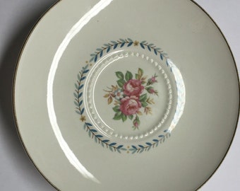 Vintage Saucer, Mt Vernon, Harmony House China ,Hall China, Fine Dinnerware, US design, cream color , Pink Roses saucer, Blue Yellow Garland