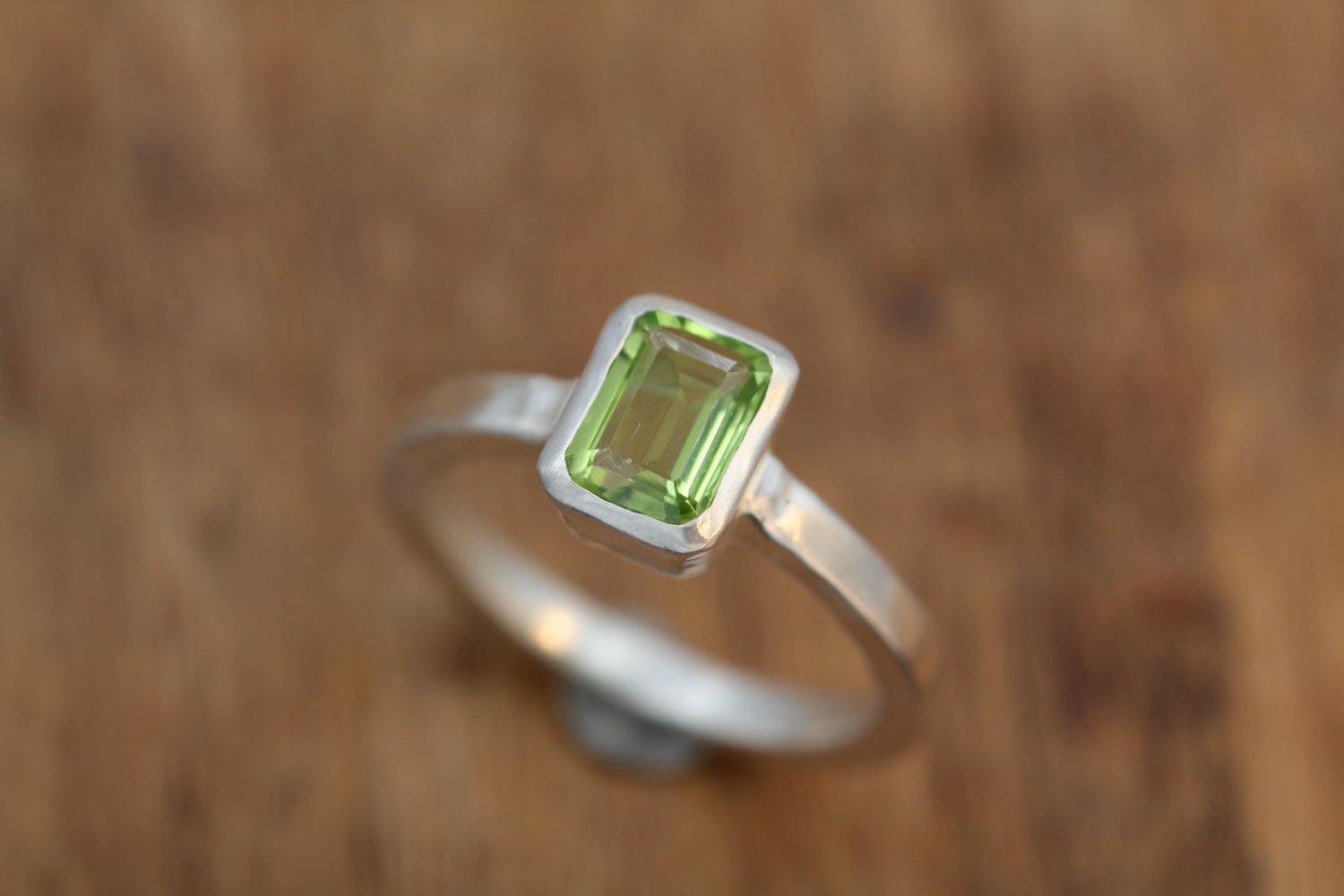 Peridot Emerald Cut Bezel Ring 5x7mm Matte Finish Peridot Ring
