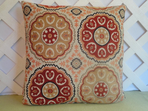 Large Floral Pillow Cover Red Orange Golden Tan Beige / Red