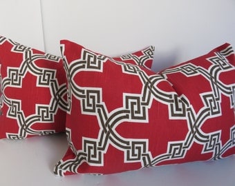 Red Brown White Pillow - Red Pillow Lumbar - 12x24 Pillow Cover - Brown Pillow Cover - White Pillow - Red Pillow Cover