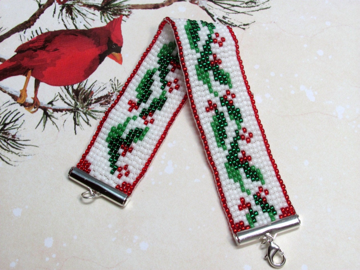 Christmas Holly Bracelet Bead Loom Bracelet Seed Bead