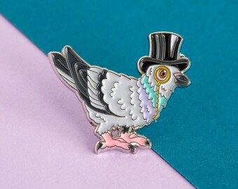 Pigeon Enamel Pin Badge - Birds in Hats Pigeon in a Top Hat Pin Badge, Lapel Badge, Hat Pin, Pigeon pin, Bird pin, Pigeon badge