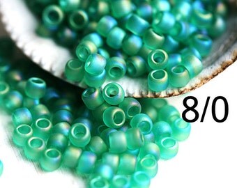 10g TOHO Seed beads, size 8/0, Trans Rainbow Frosted Dark Peridot, N 164BF, teal green seed beads - S1008