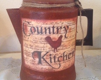 Rooster UpCycled Vintage Coffee Pot.. Prim Rusty Decor. Kitchen Decor..Country Decor.Utensil Holder...Rooster Decor . Country ..Home Decor