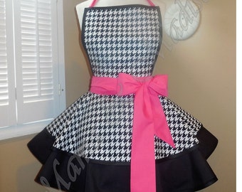 Houndstooth Print Accented With Hot Pink Woman's Retro Apron With Tiered Skirt And Bib