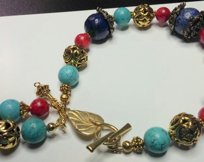 Tribal bracelet with Lapiz Lasuli, Magnasite Turquoise, Coral Semi-precious stones