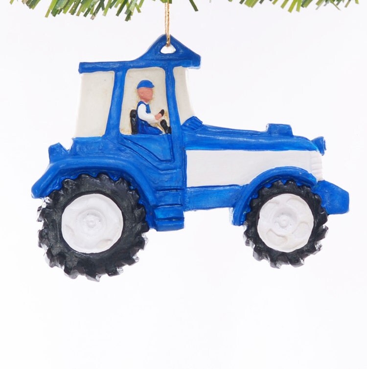 Personalized tractor ornament blue and white by Christmaskeeper