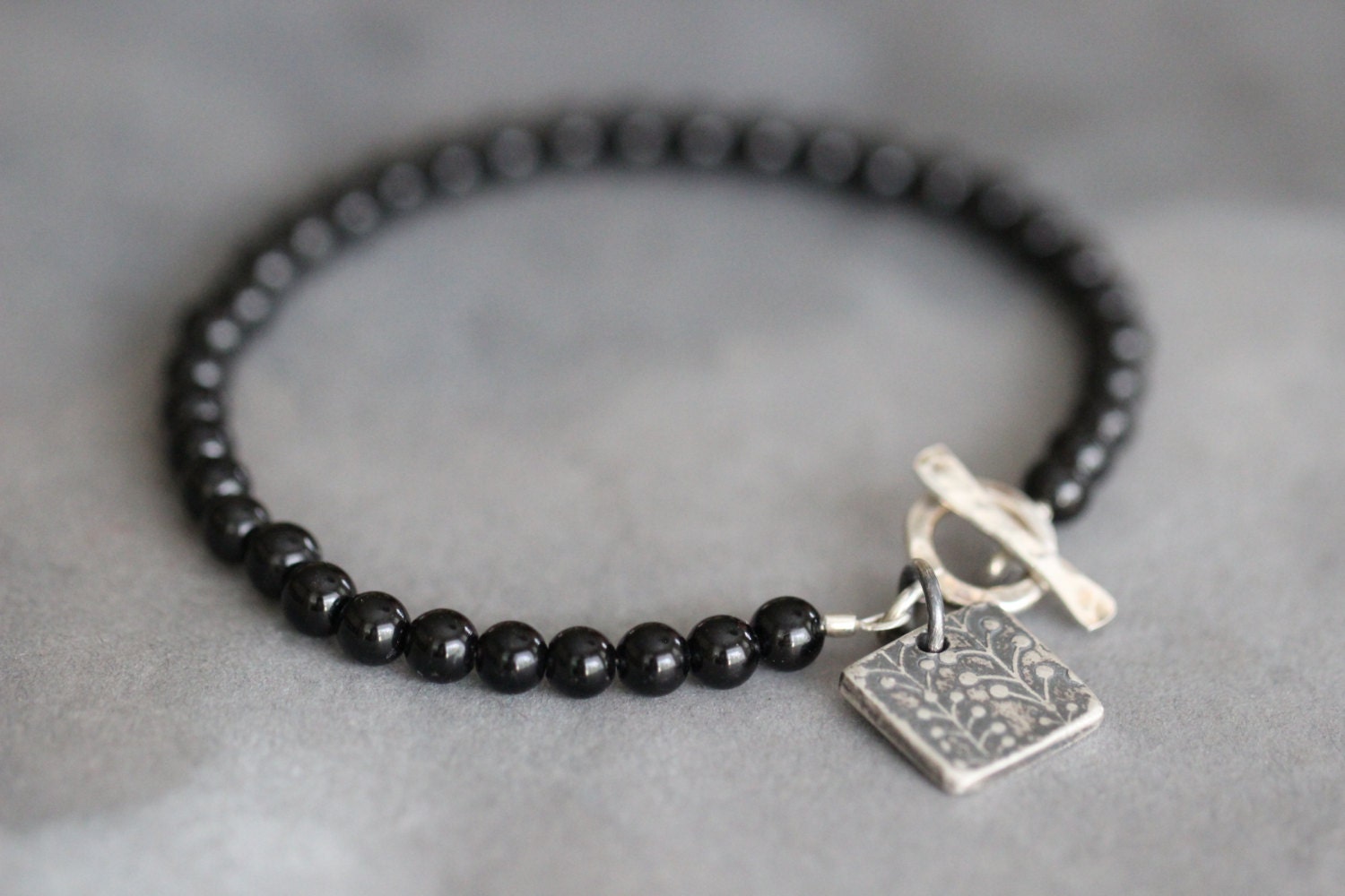 Black Tourmaline Bracelet Sterling Silver Charm 4mm AAA