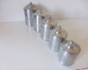 Vintage French 5 Aluminium Canisters Storage Pots