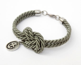 Silk Rope Knot Bracelet with Antique Silver Anchor Charm, Nautical Bracelet, Bridesmaid Bracelet, Gray Rope Bracelet, 12 Colors available