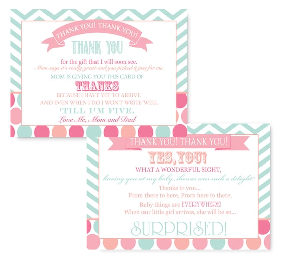 Coral Baby Shower Thank You Card - Shabby - Postcard - Till I'm 5 Cards - Mint - Baby Girls Stationery - So Surprised- Printable (SCORALTU) Il_570xn
