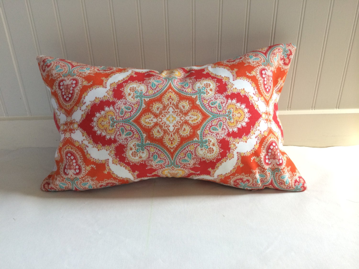 Red Orange Turquoise Yellow and White Medallion Pillow