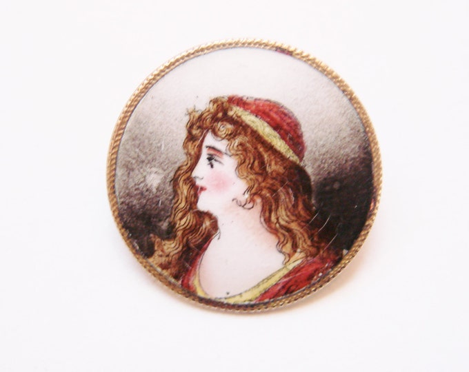 Antique Enamel Hand Painted Portrait Brooch / Renaissance / Miniature Portrait / 1800s Jewelry / Jewellery