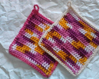 Dishcloths Set of Two in Bright Spring Colors with Loop for Hanging Crochet Dish Cloths