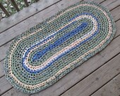 Water Lilies Rug Crochet 51" x 24" Rag Area Rug Oval Large Floor Washable Handmade Kitchen Porch Country Primitive Green Pastel Blue Batik