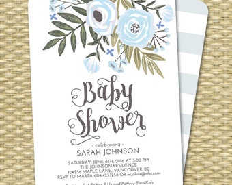 Baby Boy Shower Invitation Floral Blue Mint Boy Baby Shower Sip and See Diapers and Wipes ANY EVENT