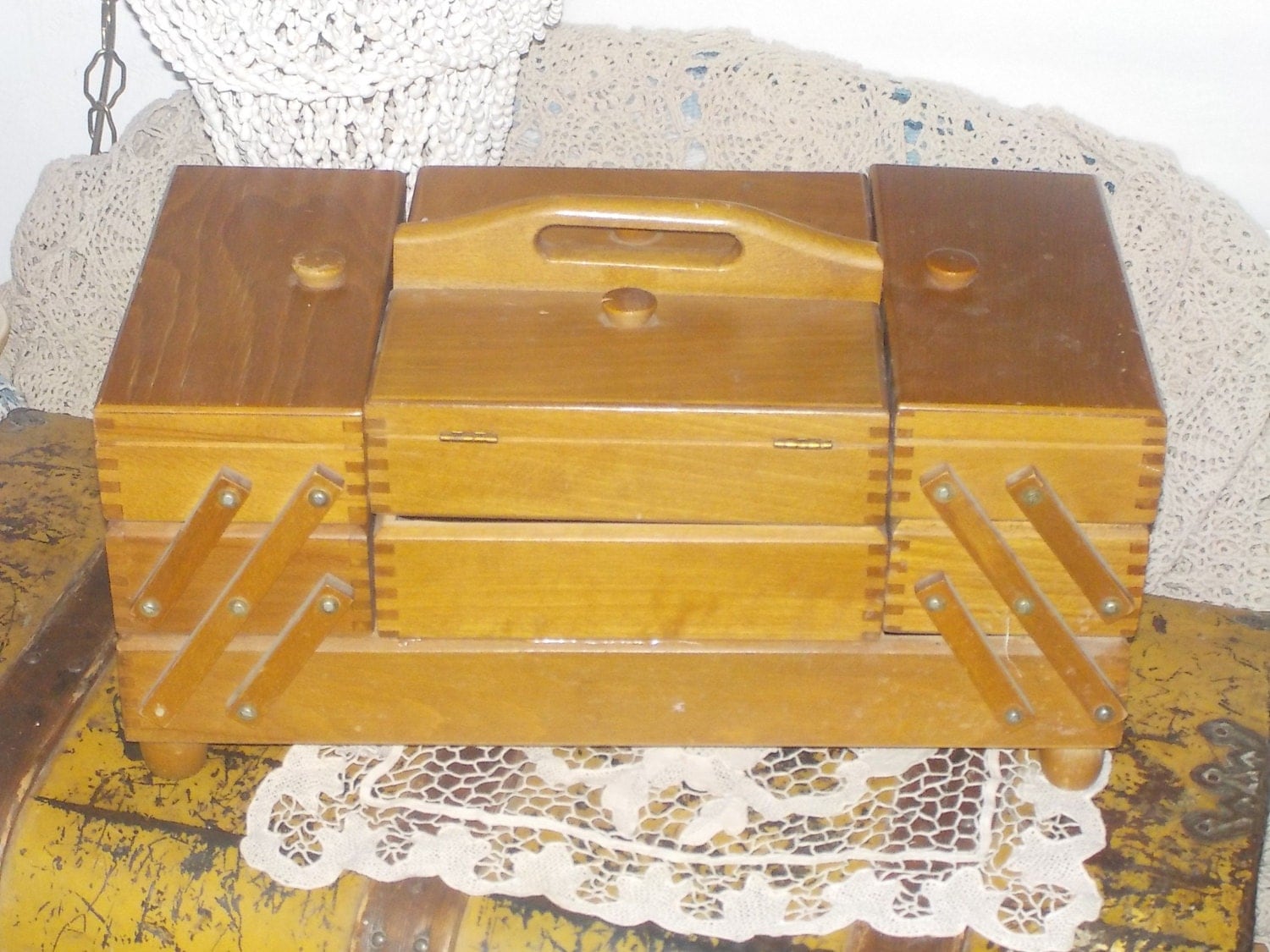 Sewing Box Wooden Vintage Accordion Expandable Lots of