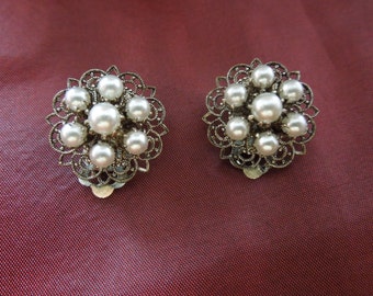 Vintage German Earrings. Filigrees with Pearl Cluster. Clip On Type. Signed West Germany.