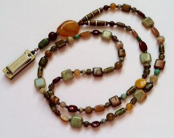 Brown and Blue Long Beaded Harmonica Necklace