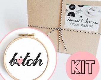 B*tch Modern Cross Stitch Kit - easy chart design - rude offensive funny DIY gift - mature cross stitch swear words bad taste embroidery kit