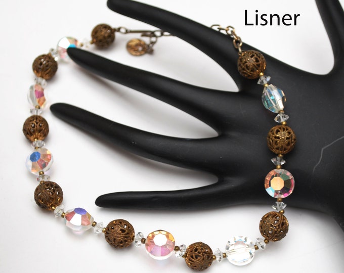 Lisner Crystal Necklace with gold brass filigree bead choker collar necklace Aurora borealis Galss