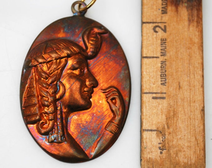 Copper Brass pendant - head with snake headdress - Egyptian Revival - oval pendant - Tribal - pendant supply