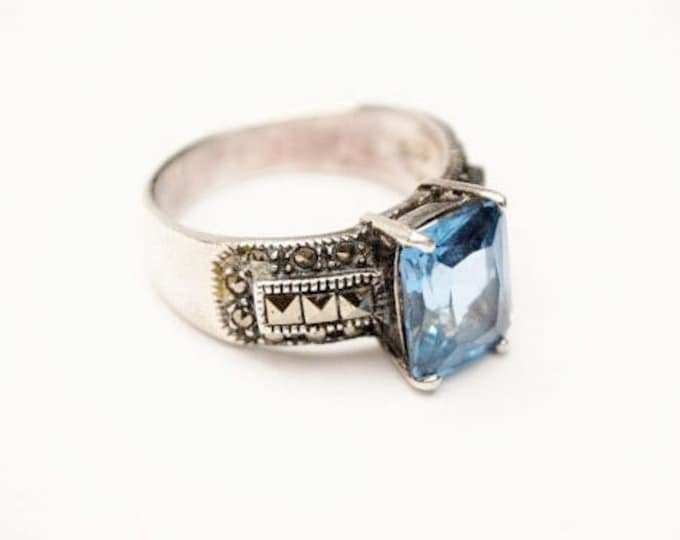 Sterling Ring - Light Blue Spinel - silver Band - Marcasites -size 8