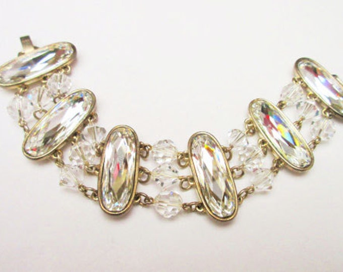 Wide Vintage Crystal Bracelet with facet cut oval crystals gold tone setting with crystal beads wedding bride