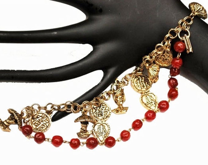 Carnelian Gold Charm Bracelet - Asian style - double chain - cha cha bangle