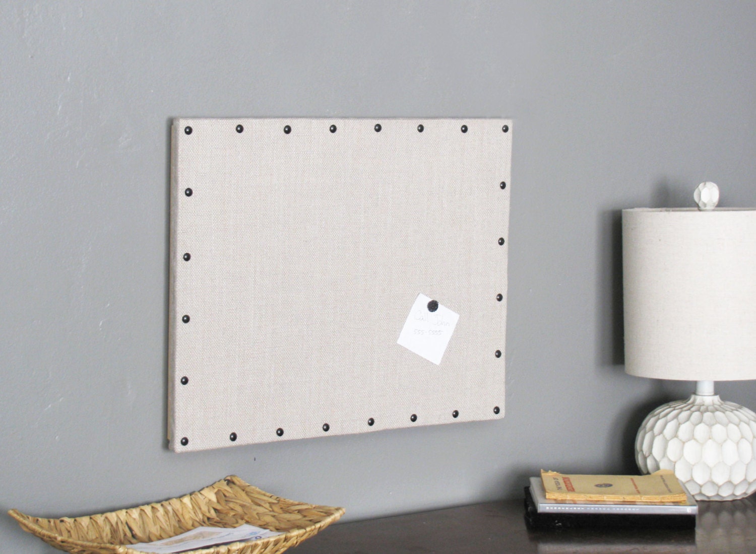 Grey Burlap Cork Board with Decorative Black Tacks 16 x