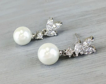 Pearl Wedding Earrings, CZ Bridal Earrings, Wedding Jewelry, Bridal Jewelry, Floral Earrings, CZ Earrings, Pearl Earrings, Earrings ~JE-4072