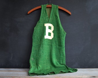 1920's Vintage Mens Basketball Jersey | Rare Early Basketball Uniform | Antique Sports Collectible | Green Wool Tank Top Jersey