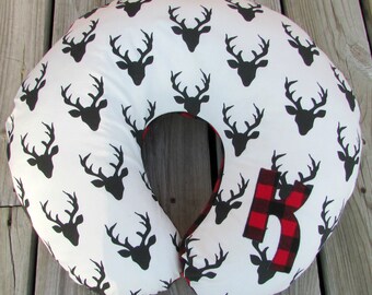 Boppy Cover, Buffalo Plaid, Nursing Pillow, Newborn Lounger Cover, Baby, Lumberjack Nursery Decor, Crib Bedding, Deer, Woodland, Personalize