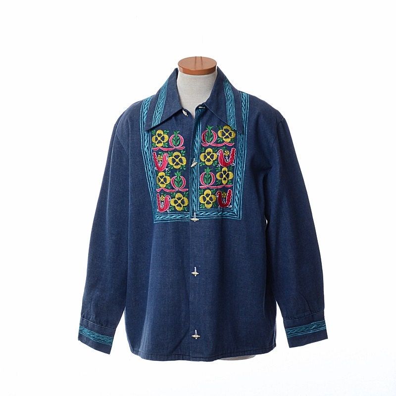 Vintage 70s Mexican Denim Embroidered Love Birds Shirt 1970s