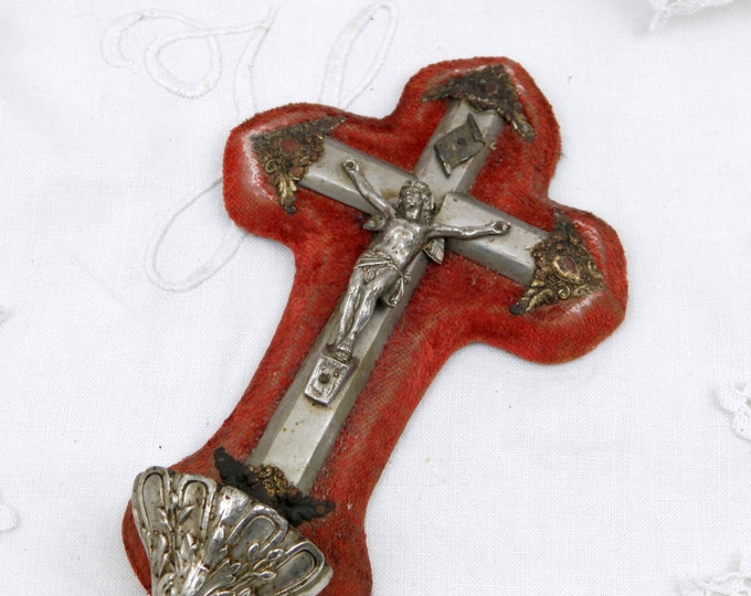 Antique French Catholic Red Velvet, Silver and Gold Plated Crucifix with Font, Religious, Religion, Jesus, Christian, Church, Retro Home