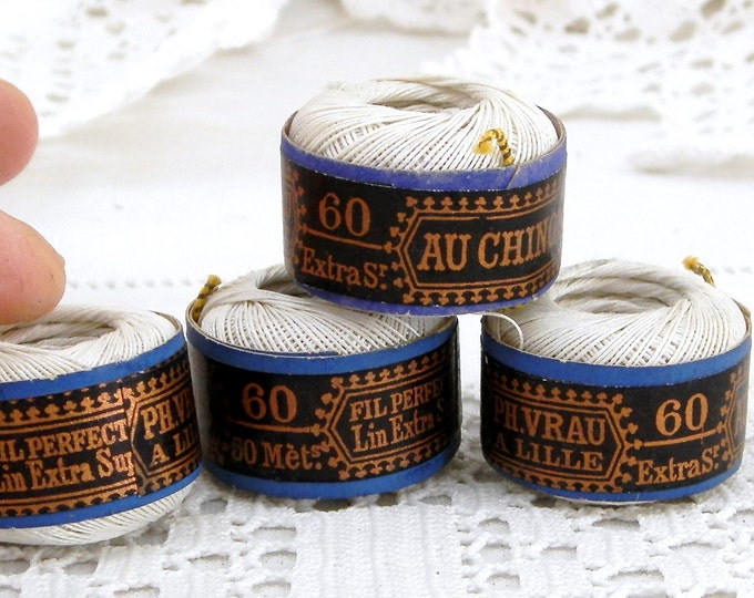 1 Reel of 50 Meters / 164 ft Antique French White Colored Linen Thread "Au Chinois", Vintage Haberdashery, Sewing, Craft Supplies, Crafting