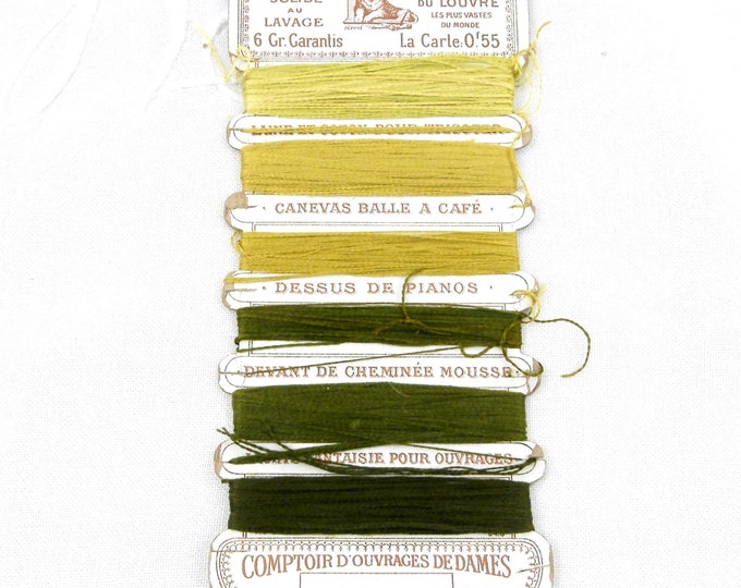 Antique French Card of 6 Shades Green Embroidery Silk Threads, Les Grands Magasin du Louvres, French Decor, Craft Supplies, Parisian Sewing Antique French Card of 6 Shades Green Embroidery Silk Threads, Les Grands Magasin du Louvres, French Decor, Craft Supplies, Parisian Sewing