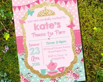 Princess Tea Party Invitation - Pink and Gold Glitter Shabby Chic - Instant Download and Edit File at home with Adobe Reader