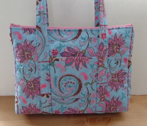 Light Blue Pink Flower Print Quilted Purse Quilted Handbag