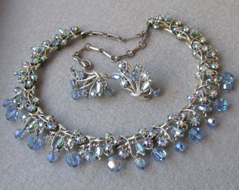 RARE Beauty CORO Dangling Blue AB Crystal & Rhinestone Necklace, Earrings Set, Vintage Demi Parure