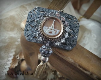 Tour de Eiffel - Vintage Assemblage Necklace by The Altered Diva Antique Cameo Pave Buckle