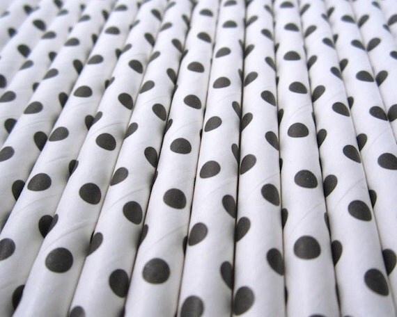 25 Black Swiss Dots Paper Drinking Straws - Party Decor Supplies Tableware Il_570xn